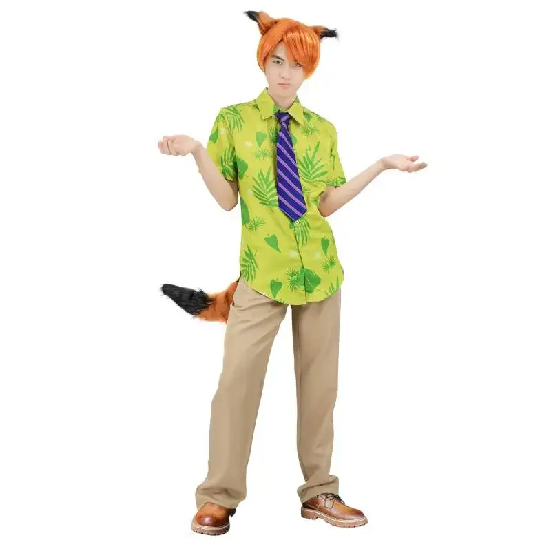 WENAM Fox Nick Wilde Cosplay Shirt With Tie Green Printed T-Shirt Hawaiian Floral Shirts Cosplay or Casual Holiday Beach Shirts