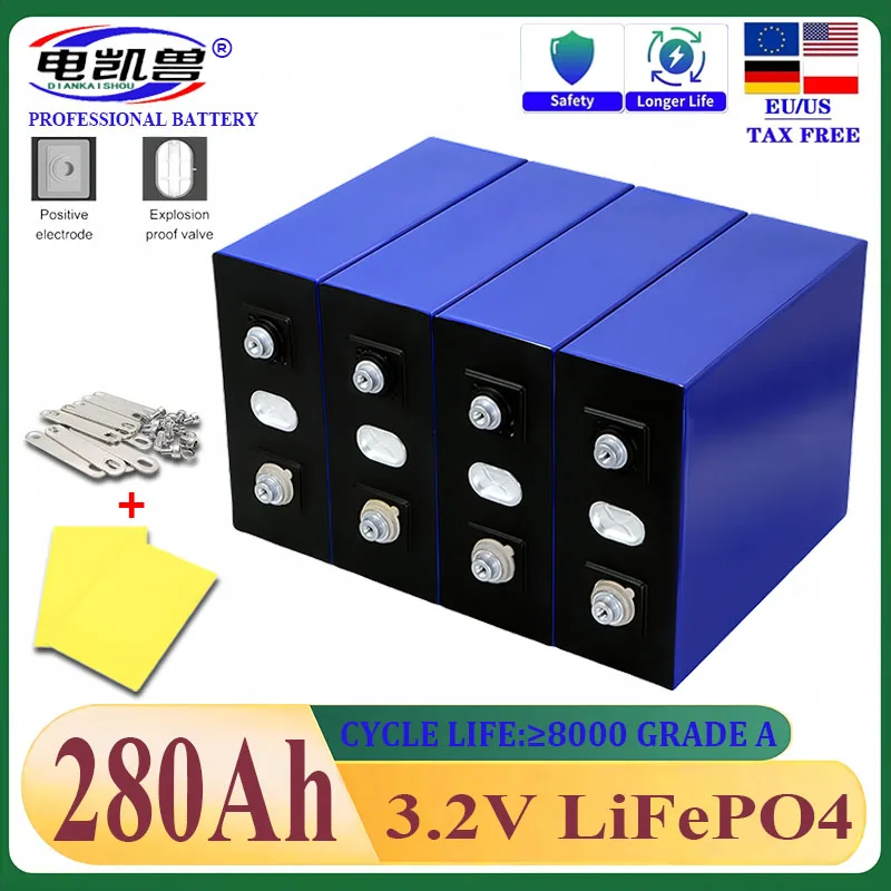 

New 280Ah 3.2V LiFePO4 Battery Cell Grade A 6000+ Cycles Free Busbar Real Test 295Ah For DIY 12V 24V 48V Lithium Battery Pack