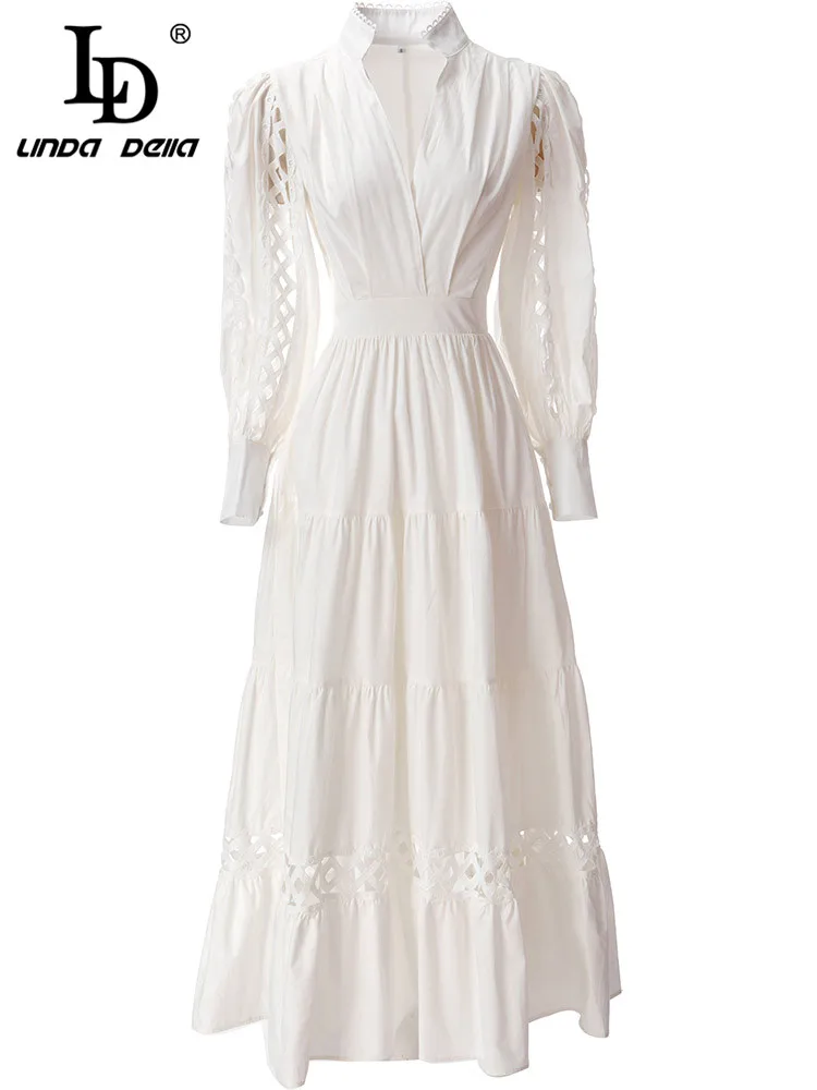 LD LINDA DELLA 2023 Fashion Runway Spring Dress Women's Lantern sleeve Hollow out High waist White Elegant Vacation Dress