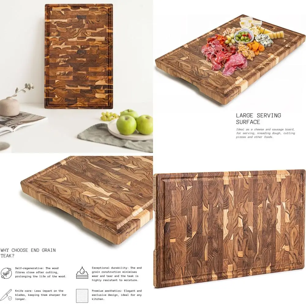 

XXL Thick Teak Wood Cutting Board - 23x15x1.5, Large Kitchen Chopping Block with Juice Groove, Non-Slip, Comfort Grip, High Dura