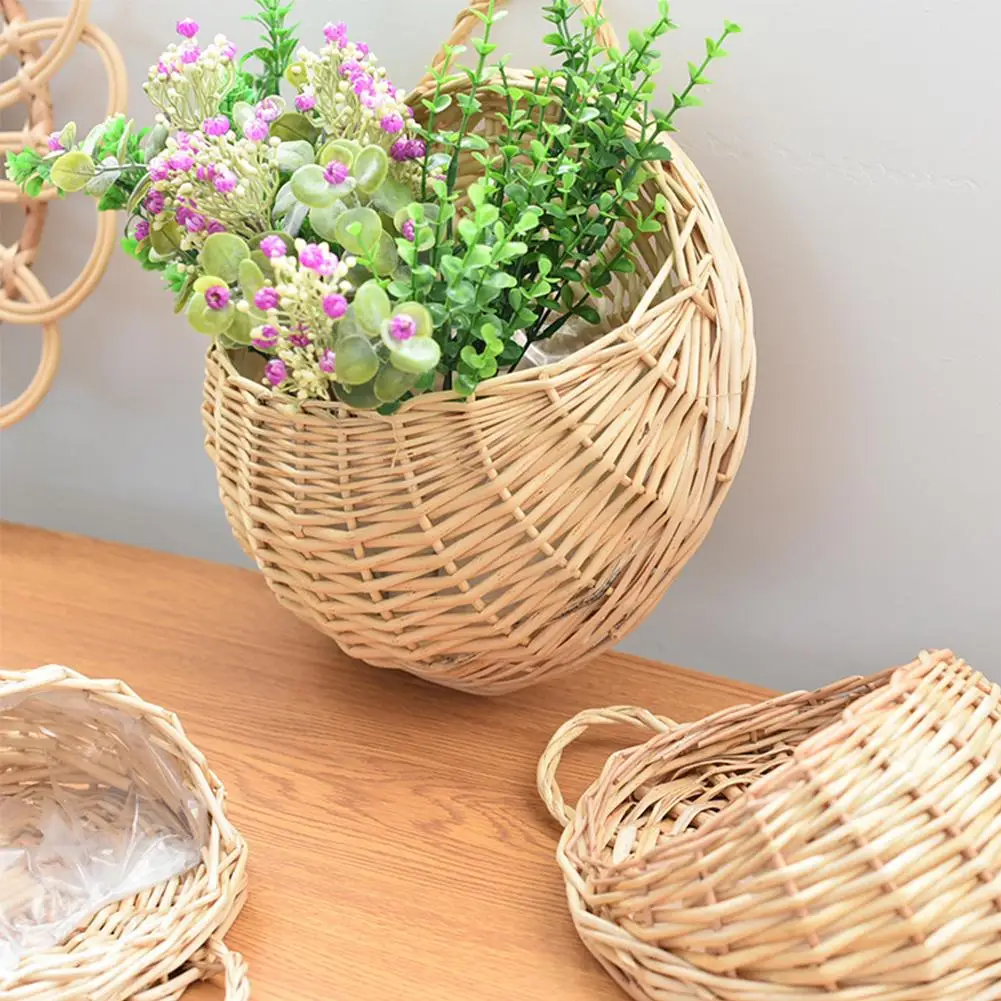 Practical Pot Plants Holder Pastoral Flower Hanging Breathable Handmade Rattan Planter Flower Woven Basket Florist D0E5