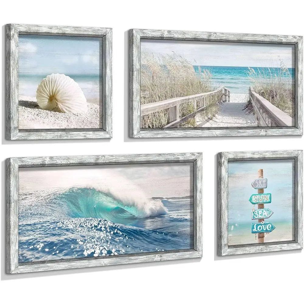

Set of 4 Wooden Beach-Themed Wall Art Prints, 36W x 24H for Living Room Decor