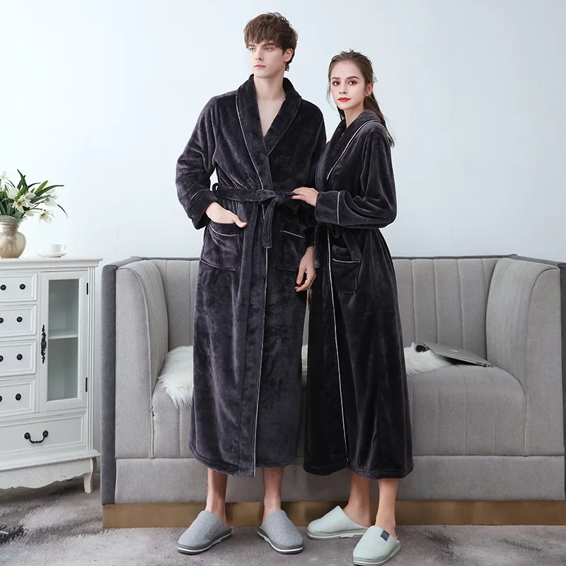 New Arrival Flannel Thickening Velvet Couple Bathrobe Autumn Winter Men\'S Long Section Coral Fleece Nightgown Female Sleepwear