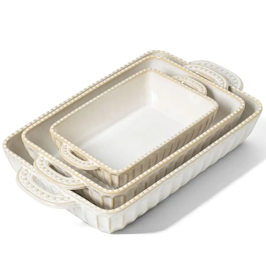 

Dish for Oven, Ceramic Baking Dishes Set, Vintage Hobnail Bakeware Sets of 3, Rectangular Baking Pan, Deep Lasagna Pan with Hand