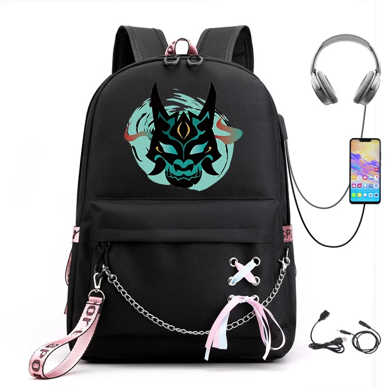 

New Backpack Korean Version of Print Anime College Wind Backpack Genshin Impact USB Women Schoolbag for Middle School Students