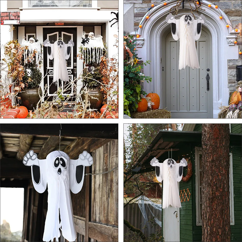 

2 шт. Премиальные бумажные подвесные украшения в виде призраков и шаров-сот для декора на Хэллоуин, вечеринок, кафе, баров, офисов, стен и окон