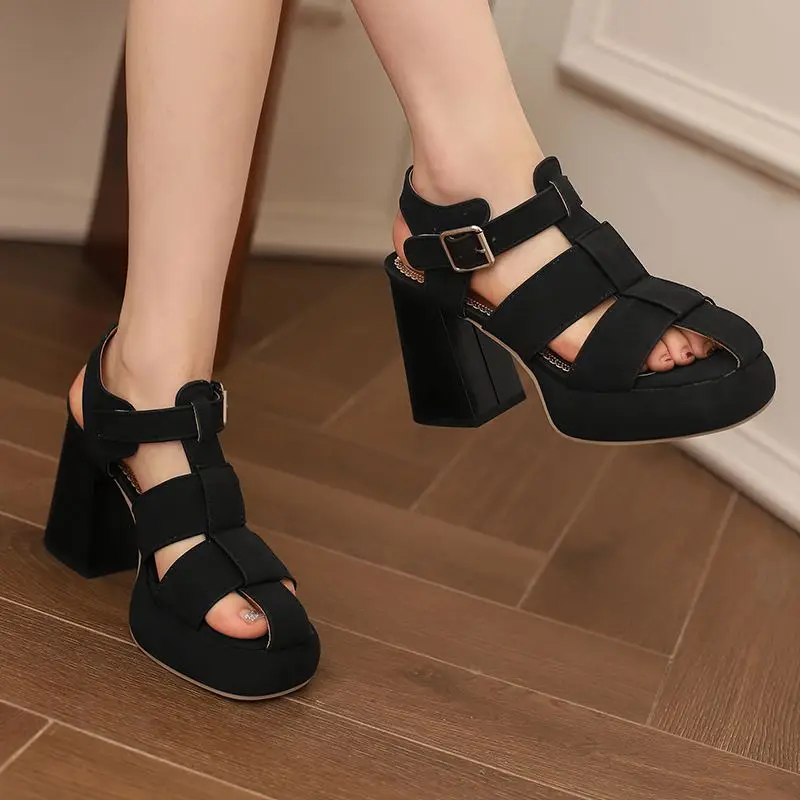 ORCHA LISA Leisure Women Sandals Square Toe Flock Block Heels 9.5cm Platform 3cm Buckle Strap Big Size 41 42 43 Soft Daily Shoes