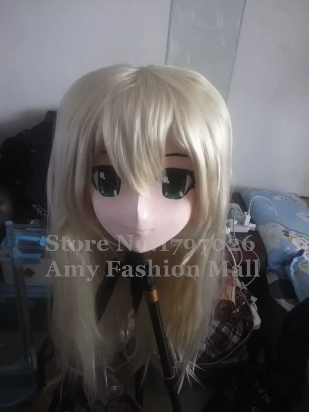 100% Handmade Silicone Full Head Kigurumi Masks Cosplay Gold Hair Green Eyes Crossdresser Kigurumi Mask with Wig Can Customized