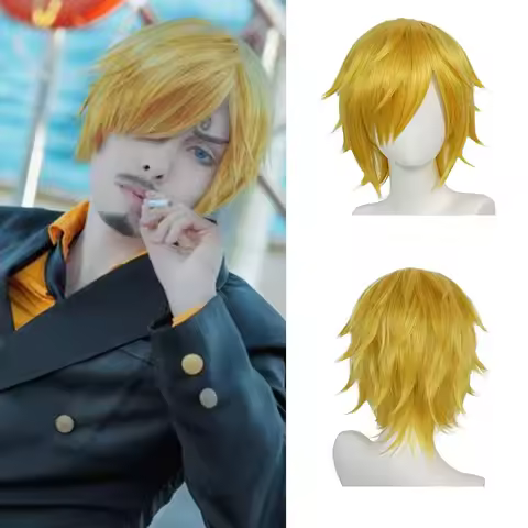 Cosplay Wig Short Blonde Wig Golden Wavy Wig with Bangs Yellow Curly Wig Men Synthetic Wig for Anime Halloween Costume Party