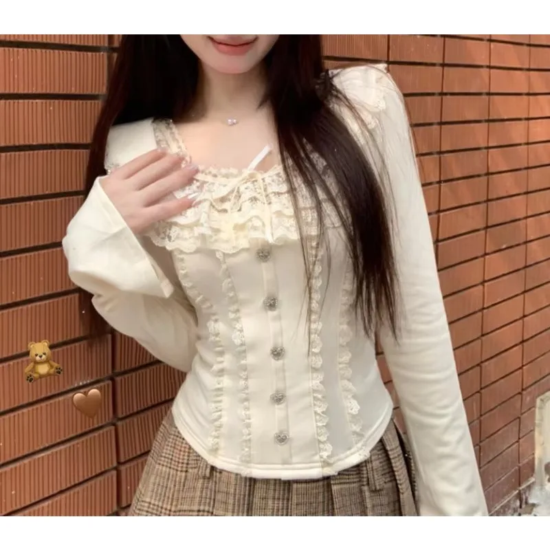 Women Sweet Long Sleeve Blouse Lace Ruffles Patchwork Slim Bow Lace Up Y2K Autumn Winter Top