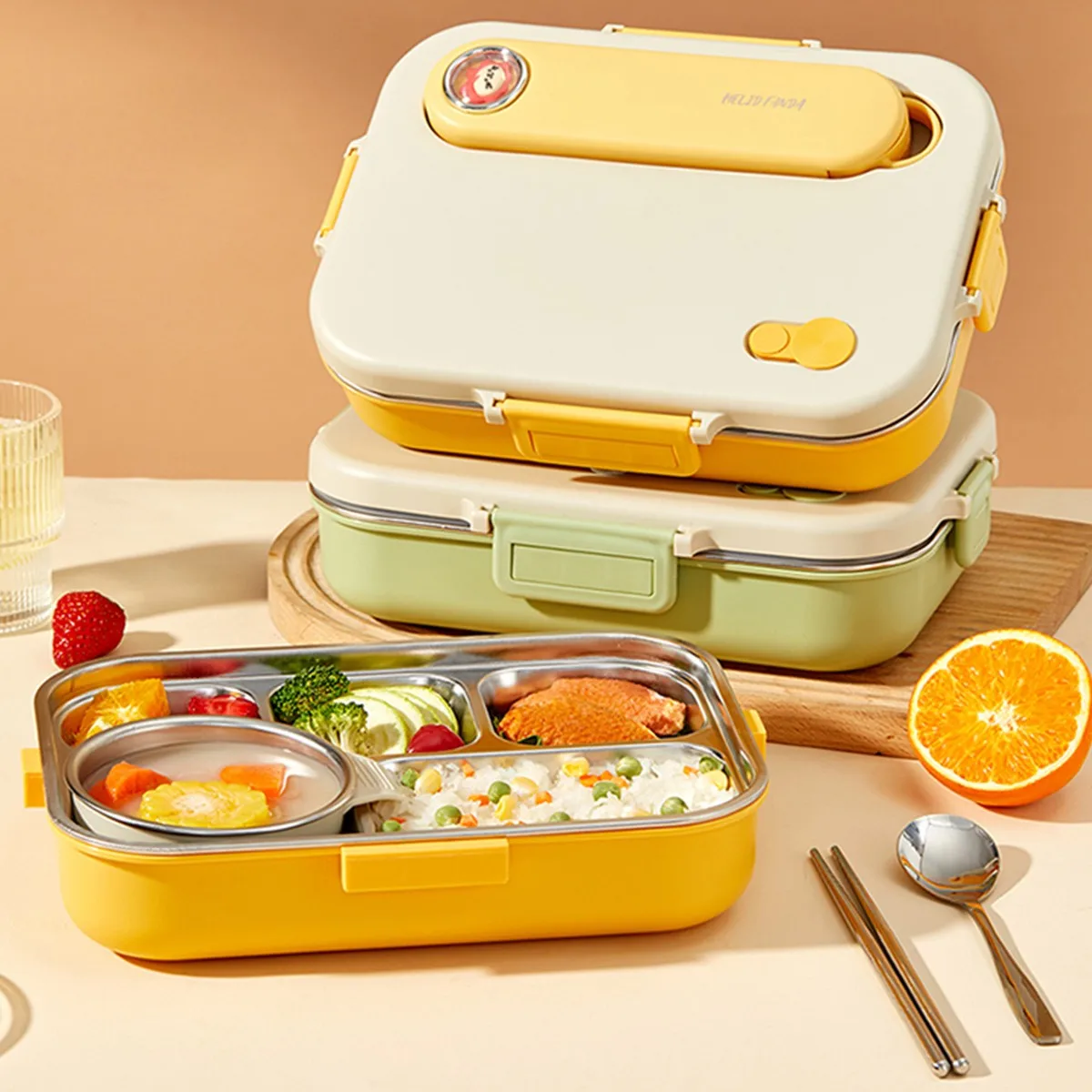 304 Stainless Steel Divided Bento Lunch Box Set For Students Heatable 4/5 Grids Leak-proof  Food Container With Bowl & Cutlery