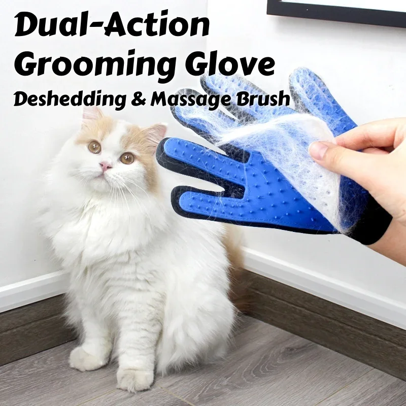 Guante de aseo de doble acción: cepillo de deshedding de goma de silicona y manopla de masaje para gatos/perros, guante de baño impermeable para mascotas