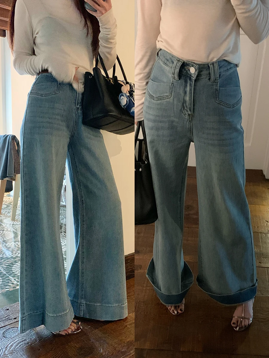 

Новые двухсторонние мягкие джинсовые брюки с поясом для домашних животных, свободные широкие брюки, повседневные винтажные джинсы с высокой талией, скрывающие живот