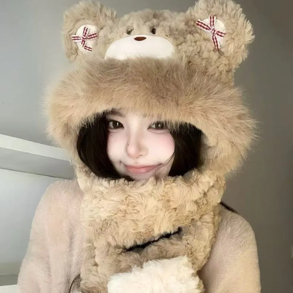 Cute 3-in-1 Little Bear Hooded Scarf Keep Warm Ear Protection Gloves Scarf Hat Fluffy Soft Winter Scarf for Women