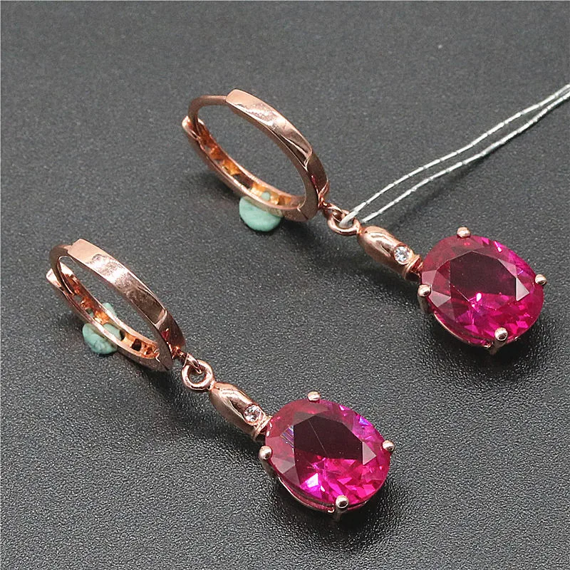 585 purple gold plated 14K rose gold inlaid ruby oval earrings for women classic series light luxury fashion wedding jewelry