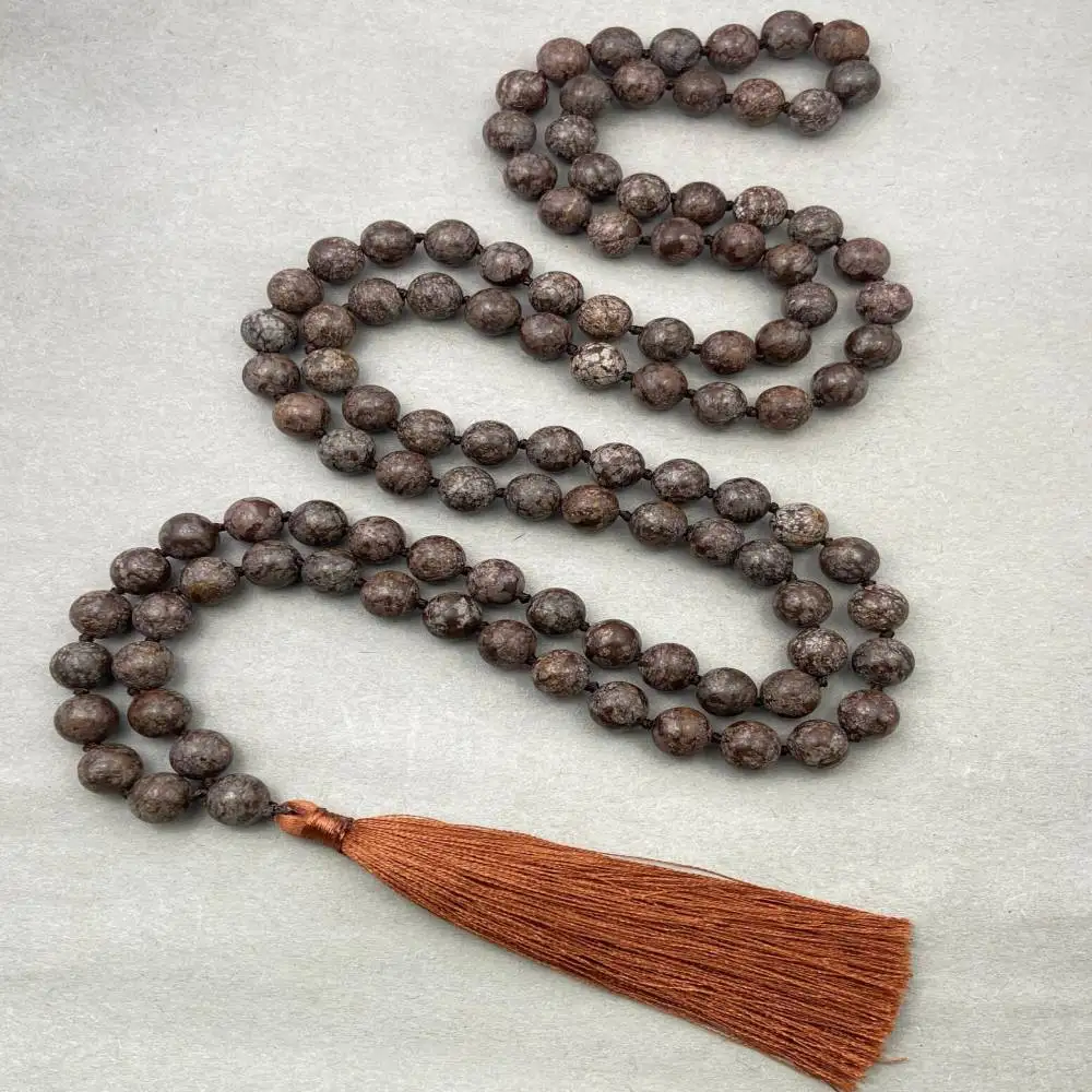 

Natural Snowflake Obsidian/Tea Stone 108 Mala Beads Necklace with Orange Tassel Grounding Healing Crystal Jewelry