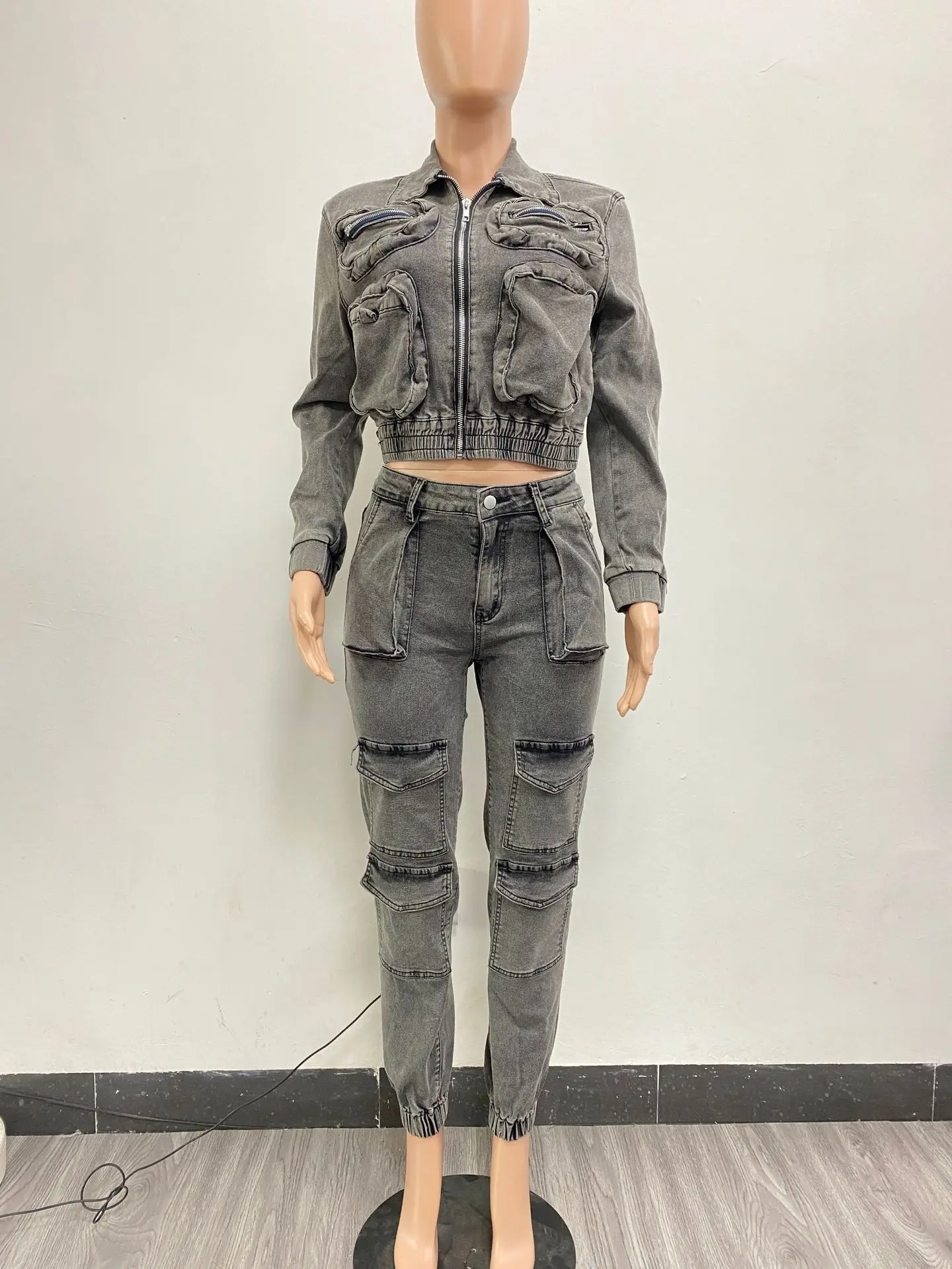 Women Set Autumn Winter Fashion Multi-Pocket Elastic Denim Jackets And Cargo Jeans Pants Casual Two Piece Set Women Jackets Set