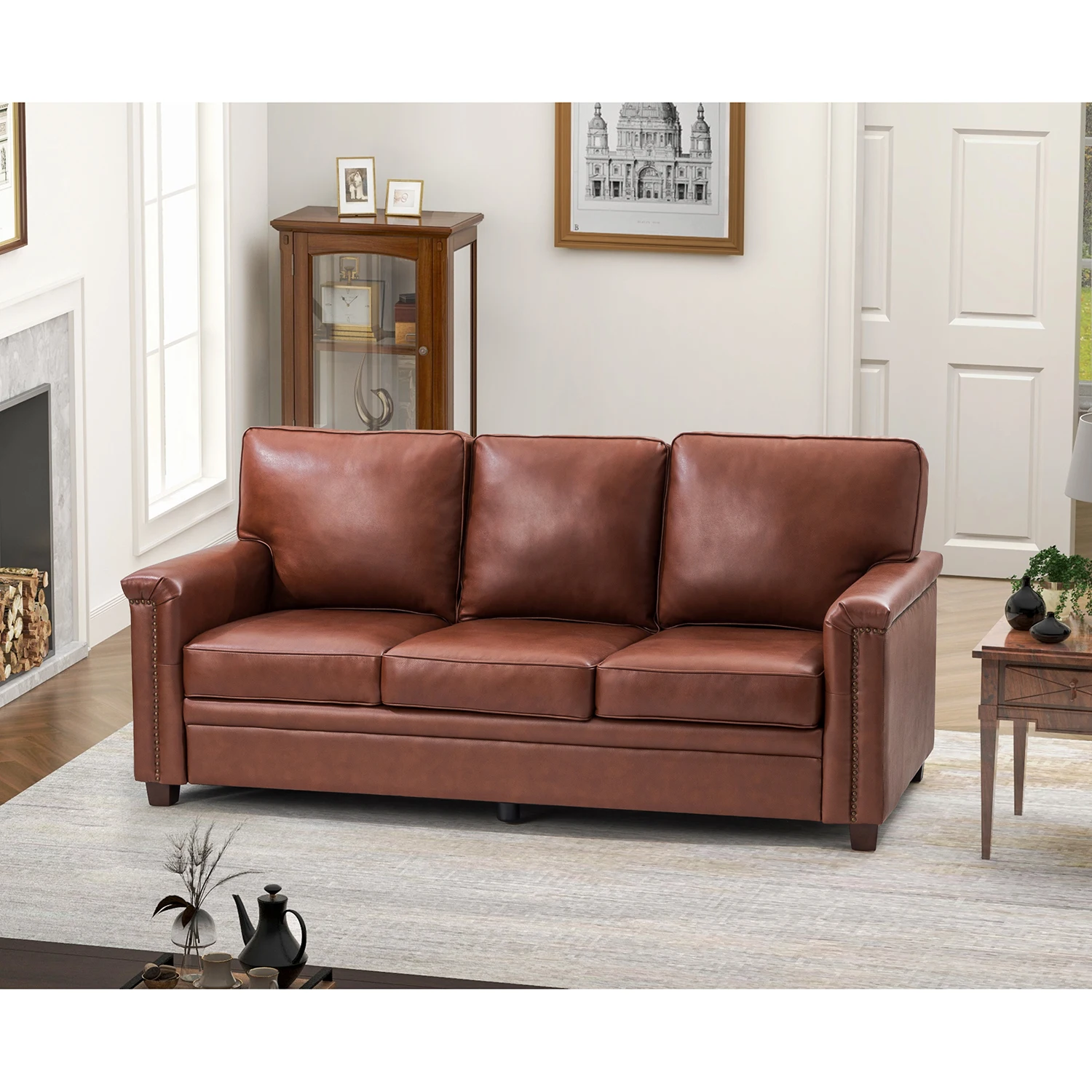 #Vintage Genuine Leather Living Room 3 Seater Furniture Luxury Modern Sofa Set With Foam and Fiber Cushions