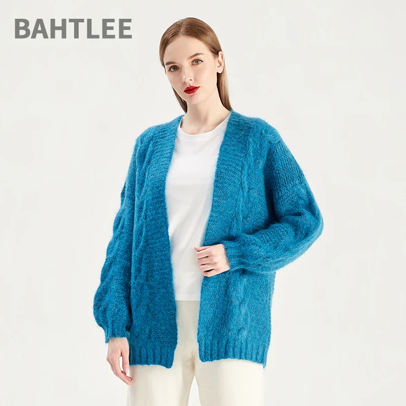 BAHTLEE-Mohair Sweater for Women, Jacquard Weave, Knitted Jumper, Full Puff Sleeves, V-Neck Cardigan, Loose Style, Thick Button