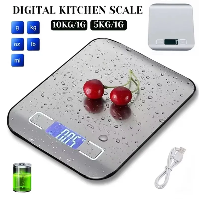 Digital Kitchen Scale 5kg/10kg Stainless Steel Panel USB Charg Precise Small Platform Scale Portable Multifunction LCD Display