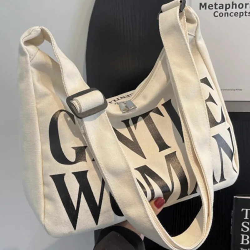 Cartoon Printed Canvas Crossbody Bags with Letters, Simple and Versatile Large Capacity Shoulder Bag, Suitable for Commuting