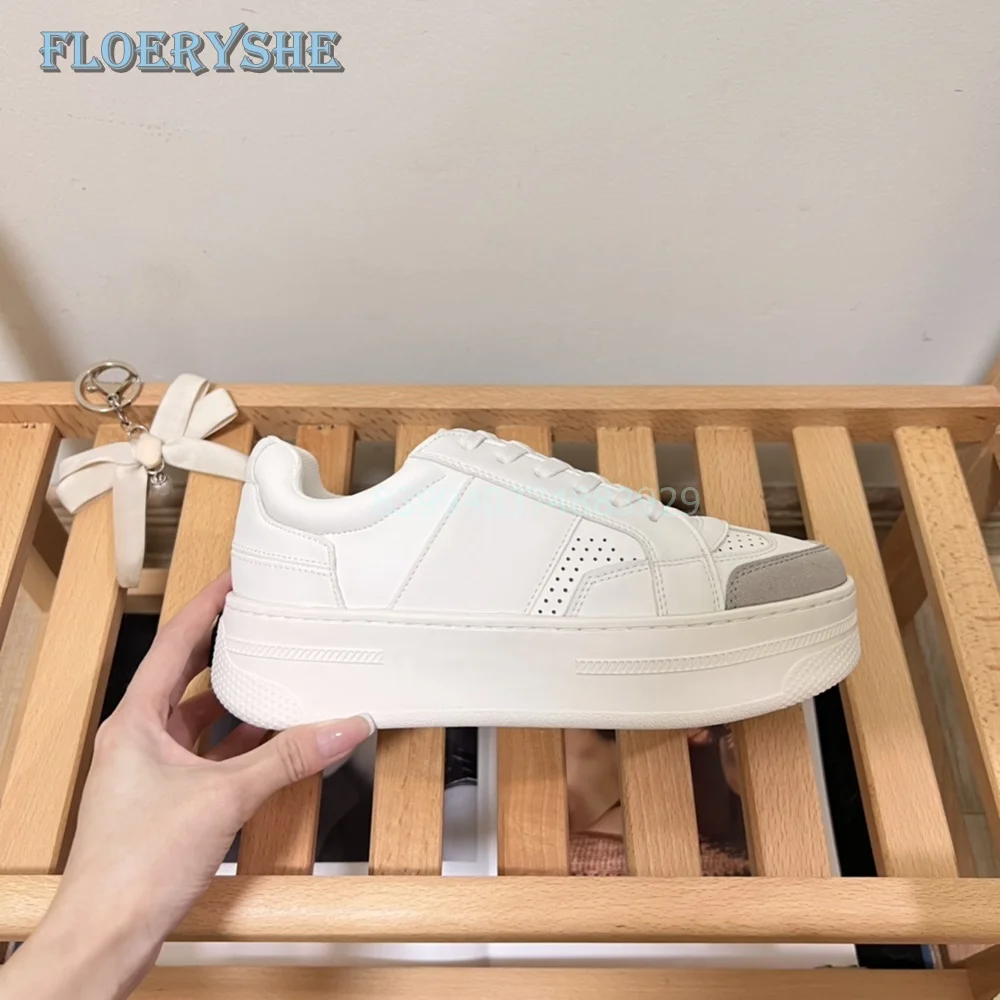 

Thick Lace-up Sneakers Splicing Mixed Color White Platform Women Sport Shoes Height Increasing Concise Fashion 2024 New Arrival