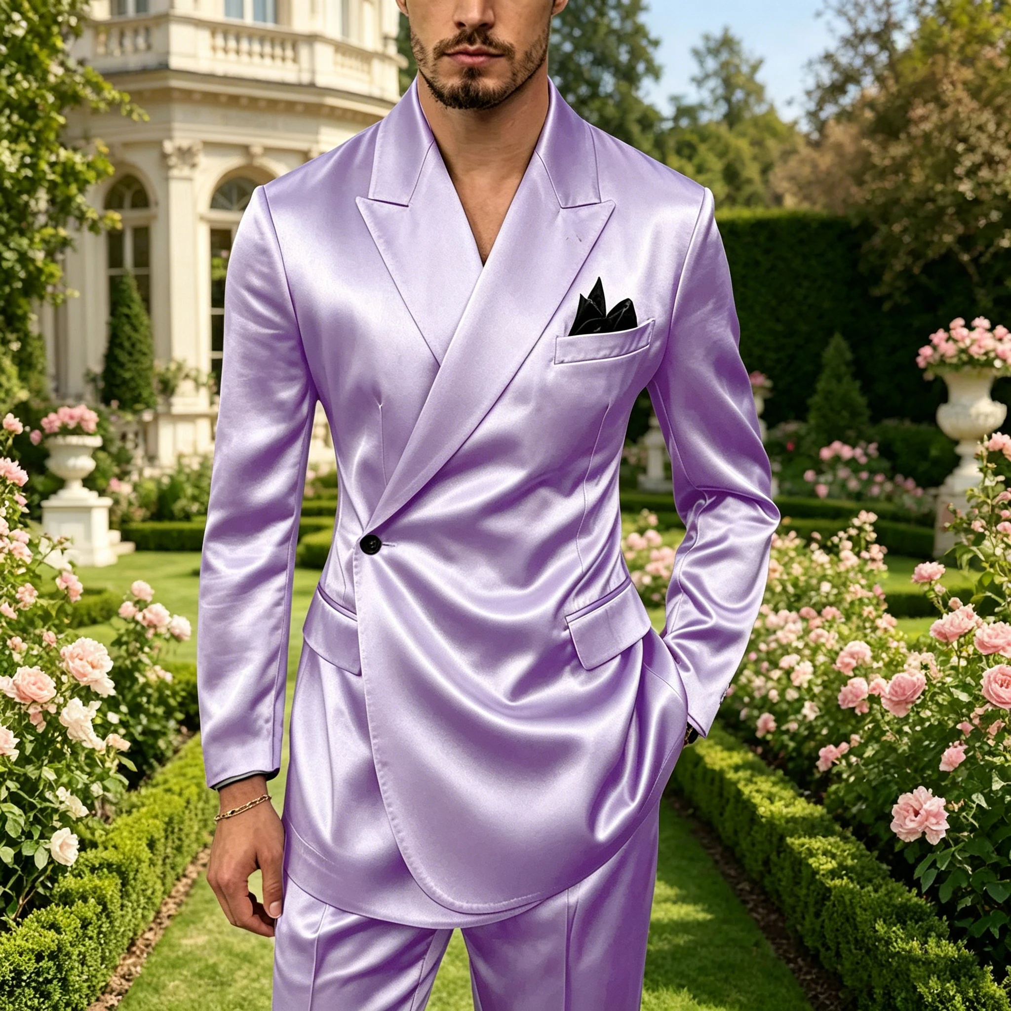 

Luxury Men's Satin Suit 2 Piece Slim Fit Blazer Trousers Set Formal Business Casual Jacket Pants For Wedding Groom Prom Party