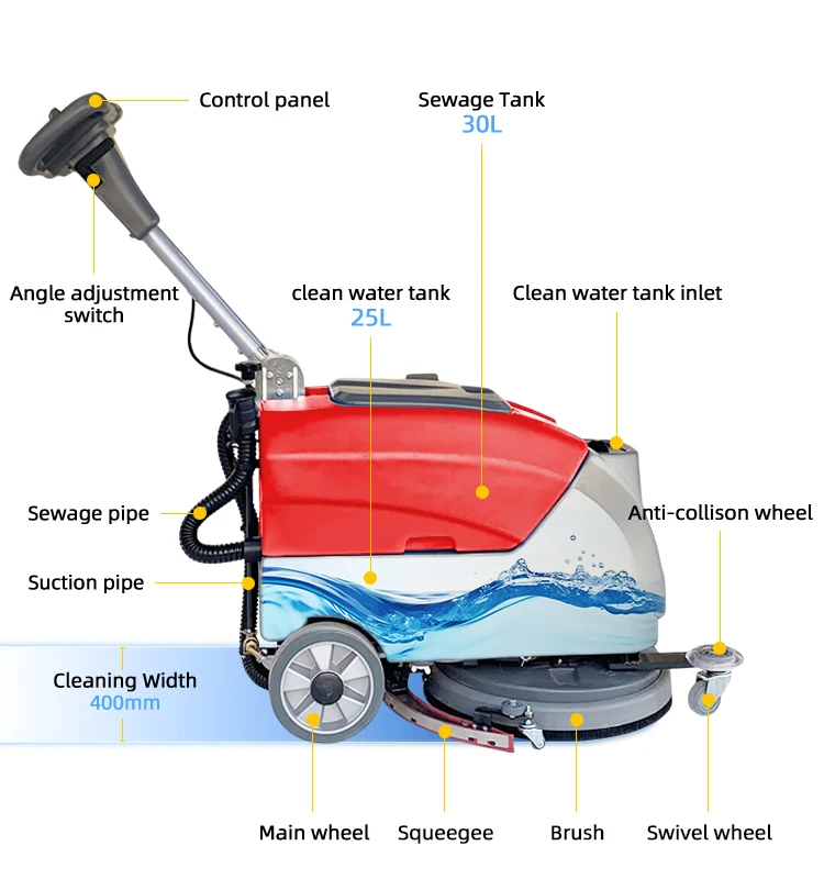 Коммерческая компактная прогулочная сушильная машина для мытья полов с батарейным питанием