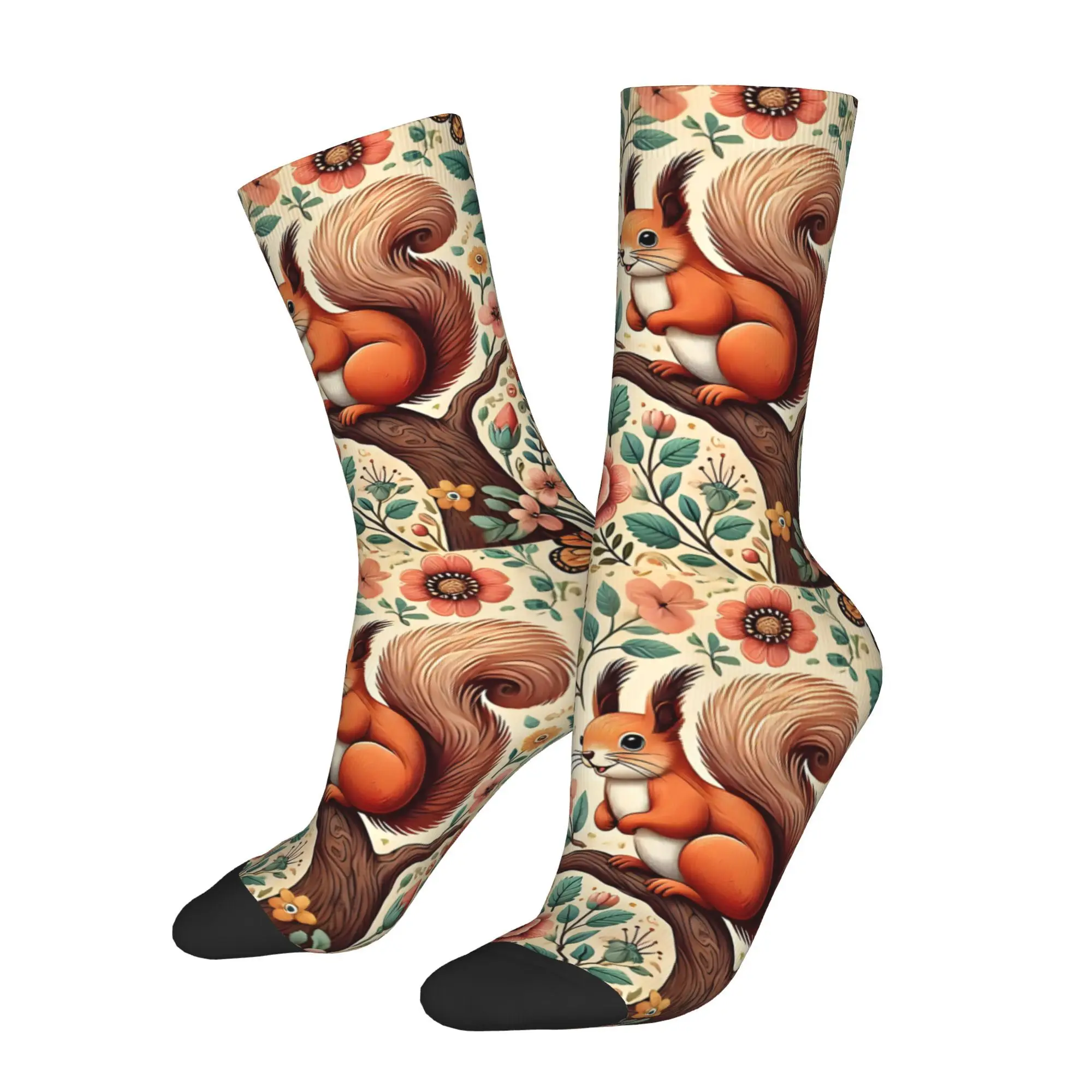 1pc Squirrel And Bird In Spring Forest Poster  Printed Men's Socks Novelty Hip Hop Harajuku Pattern Crew Sock Casual Gift