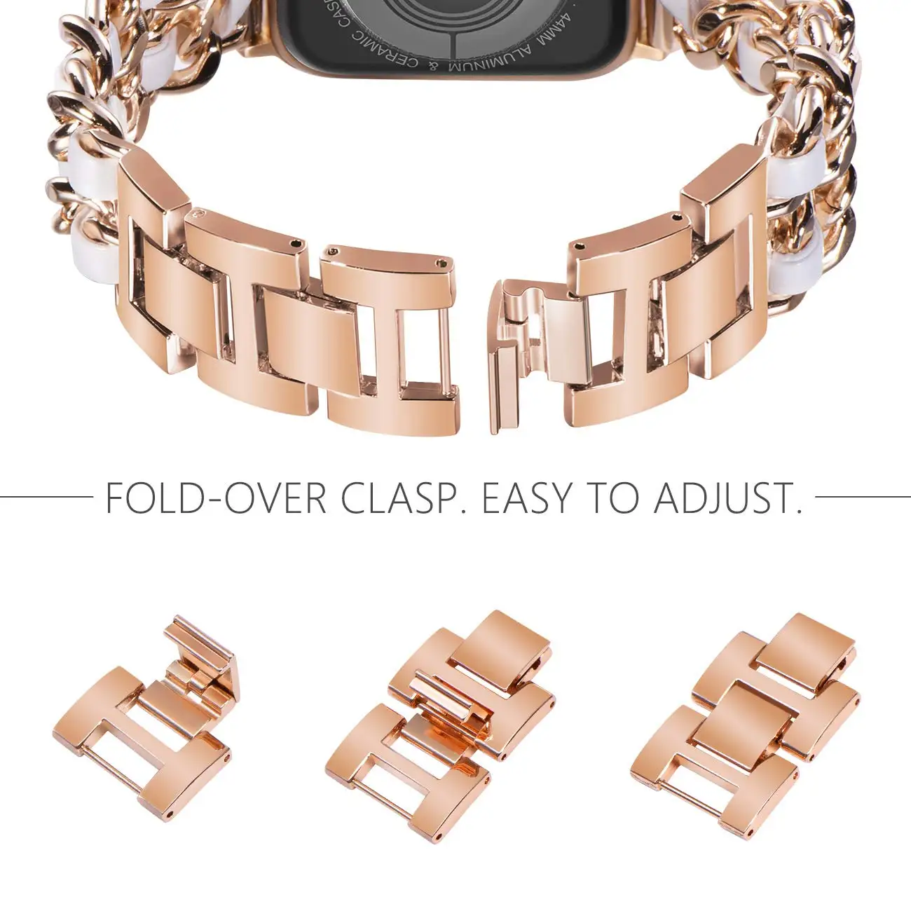 Compatible with Apple Watch Band Jewelry Bracelet for iWatch Strap Ladies with Rose Gold Connected to White Leather