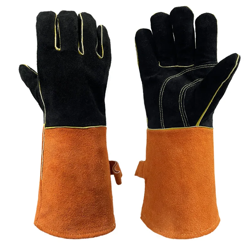 Leather Welding Protection Gloves Heavy Duty Black Welding Gauntlets Welders Cowhide Gloves Protect Supplies Work Gloves