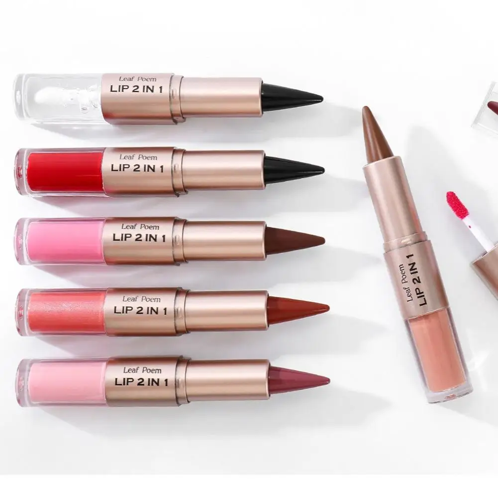 Matita per labbra affusolata a doppia estremità Impermeabile Resistente alle sbavature Texture liscia Superficie a specchio a doppia testa Lucidalabbra carnose