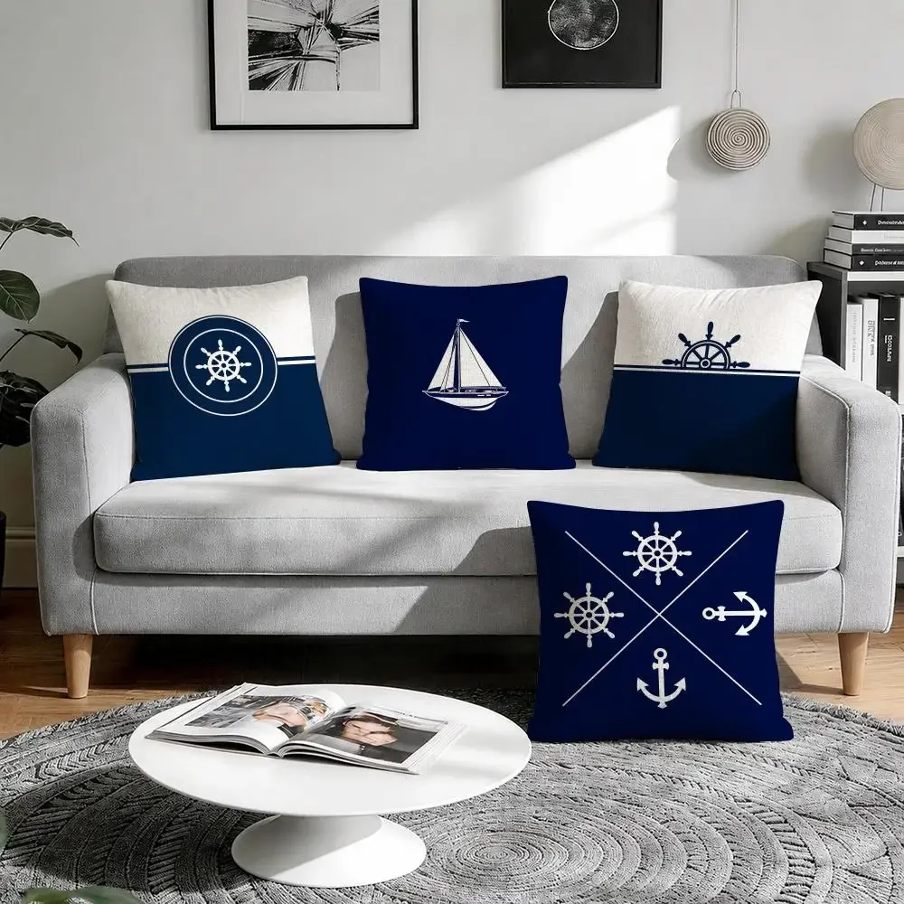 Home decor compass anchor Cushion Cover Natural Breathable Durable Linen Printed Decor Pillow Case Sofa Bedroom