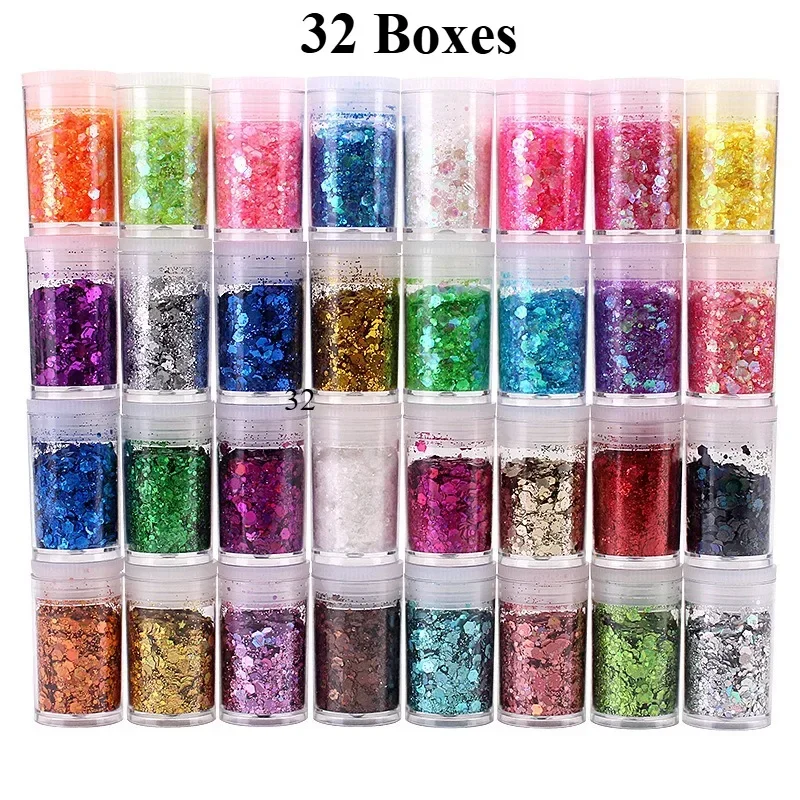32 Pots de paillettes holographiques épaisses, paillettes corporelles réfléchissantes pour les yeux, le visage, les joues, les cheveux, les ongles et les lèvres, scintillants cosmétiques de Festival