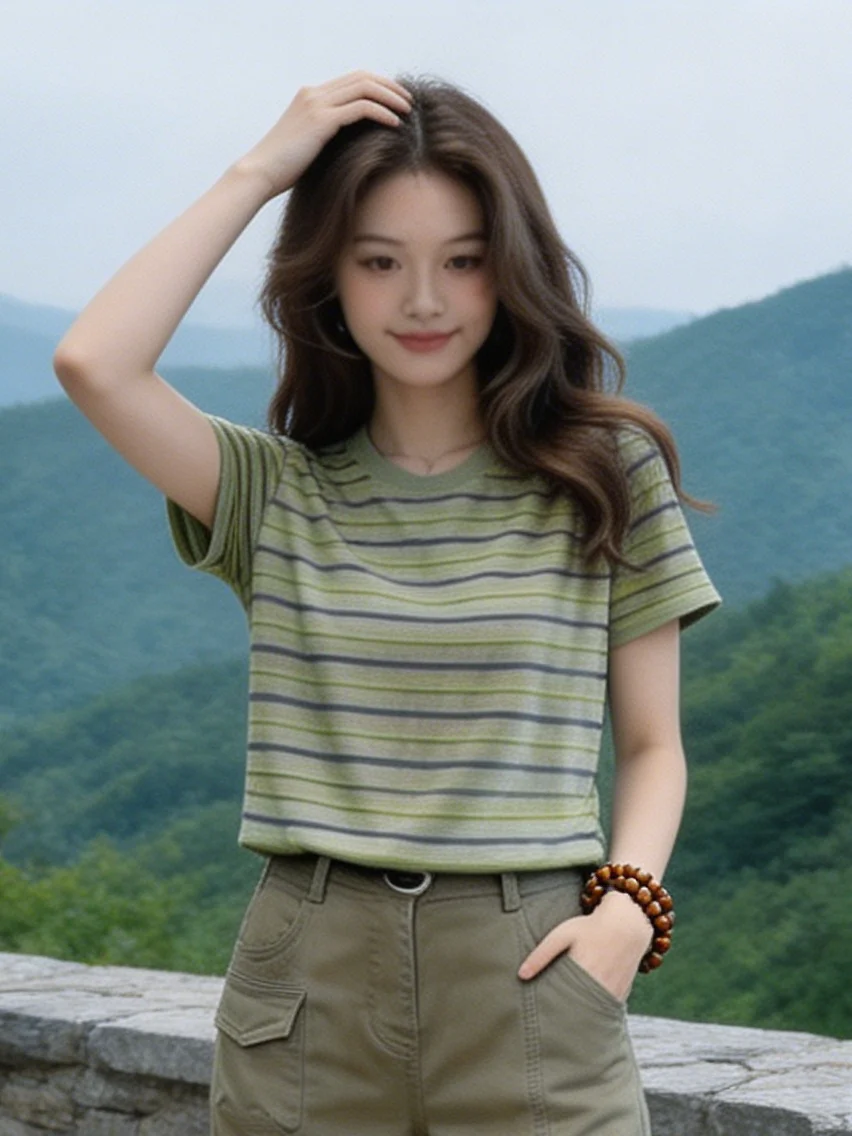 Summer 2026 Casual Loose round Neck Striped T-Shirt Women's Fashionable Versatile Top Comfortable Breathable Short Sleeve