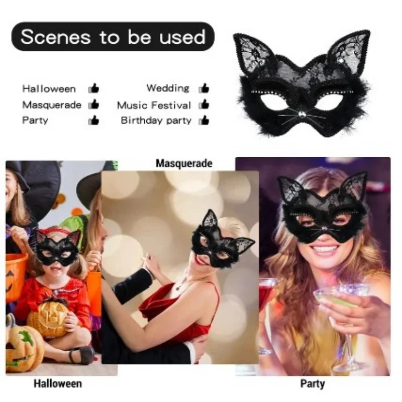 Maschera per gatti sexy in pizzo nero Maschera per occhi in maschera veneziana Festa di Natale Cosplay Copricapo per ragazze da donna Maschera fantasia di Halloween