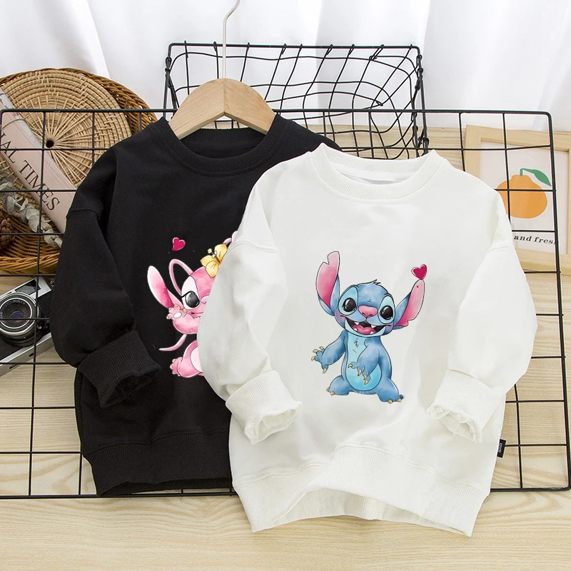 New Stitch Sweatshirts Children Pullover Cartoons Anime Casual Clothes for Girl Boy Kid Kawaii Fashion Black White Tops