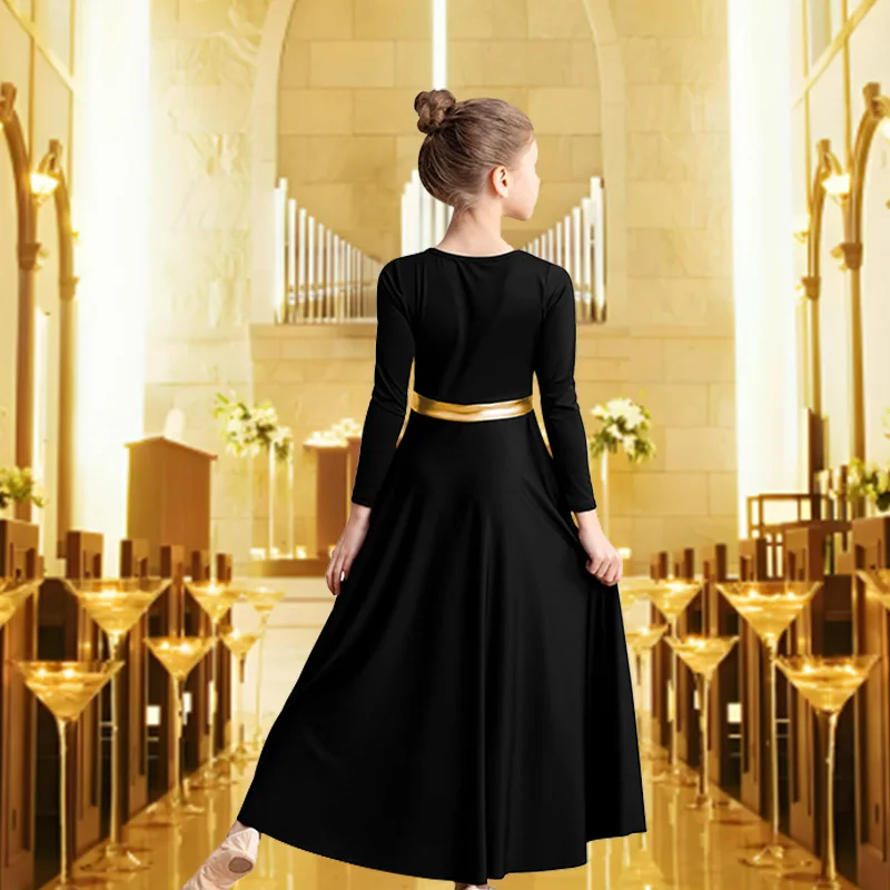 Vestido de baile moderno de alabanza de longitud completa y holgado de manga larga para niña, traje metálico liturgico de adoración, vestido de baile