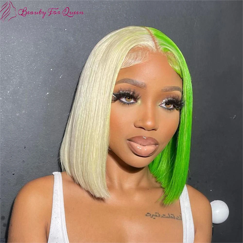 

Высококачественный цветной парик из бразильских натуральных волос 613 зеленого цвета, прямой, короткий, боб, для косплея, с прозрачной кружевной передней частью 13x4, для женщин