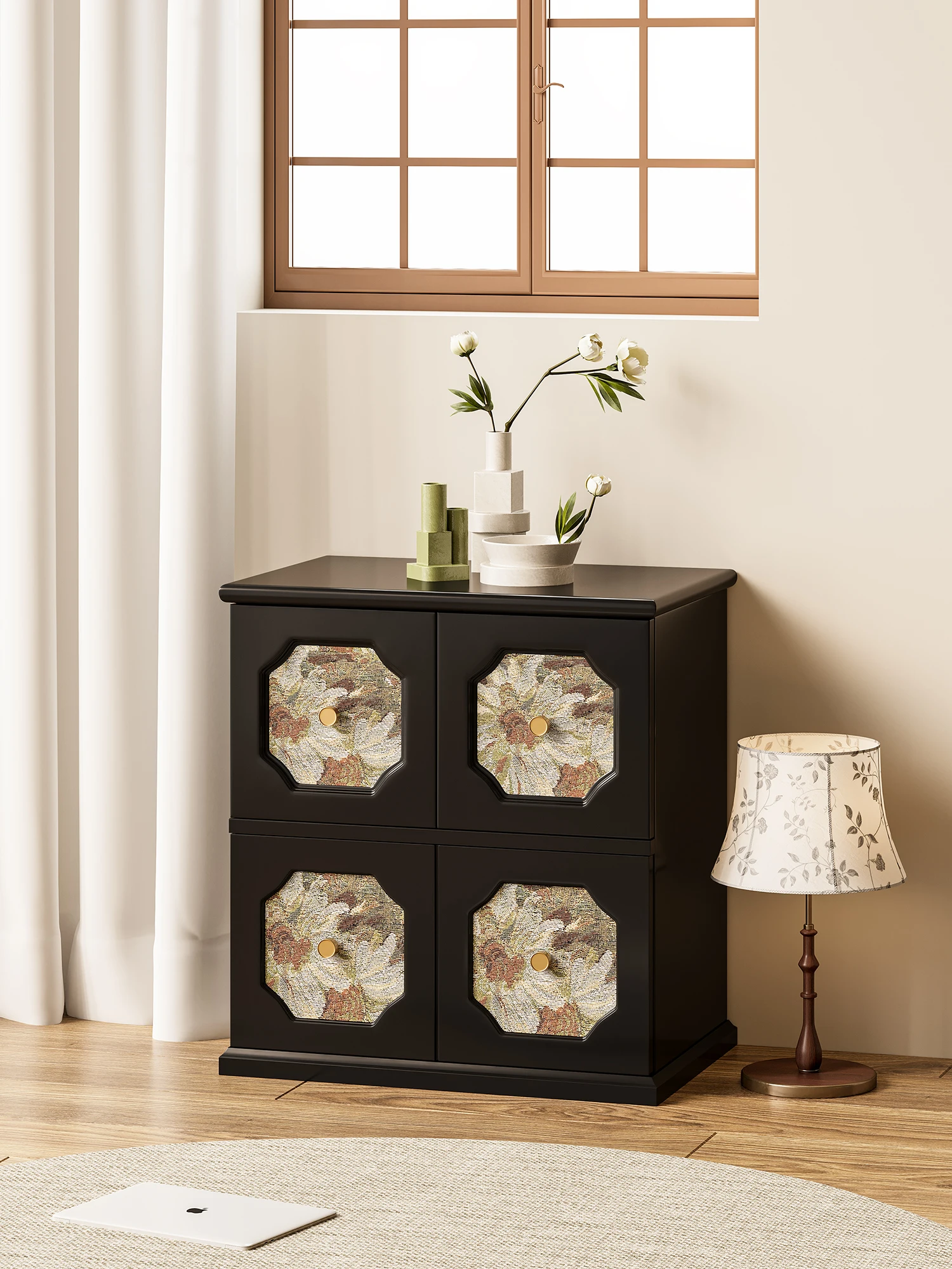 French style retro solid wood bedside table designed by master designer, home bedroom bedside cabinet, storage cabinet