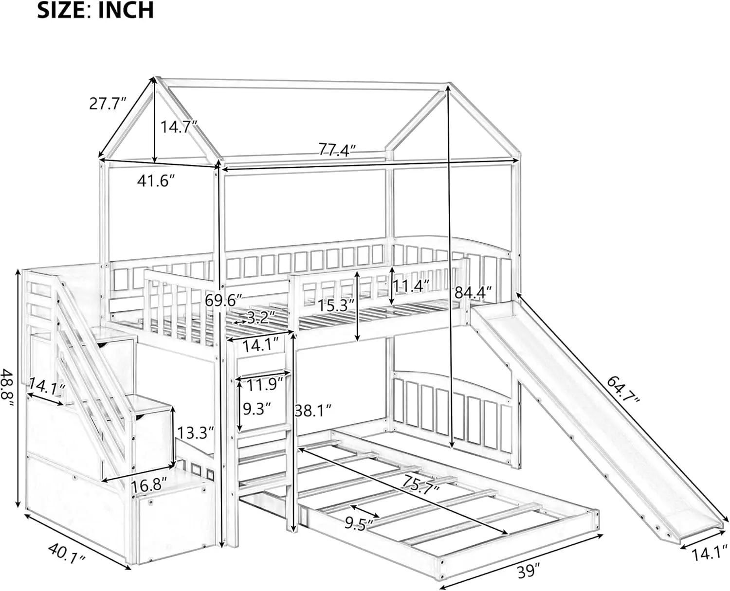 Twin Over Twin Bunk Bed with Two Drawers and Slide, House Bunk Bed Frame with Staircases and Guardrail