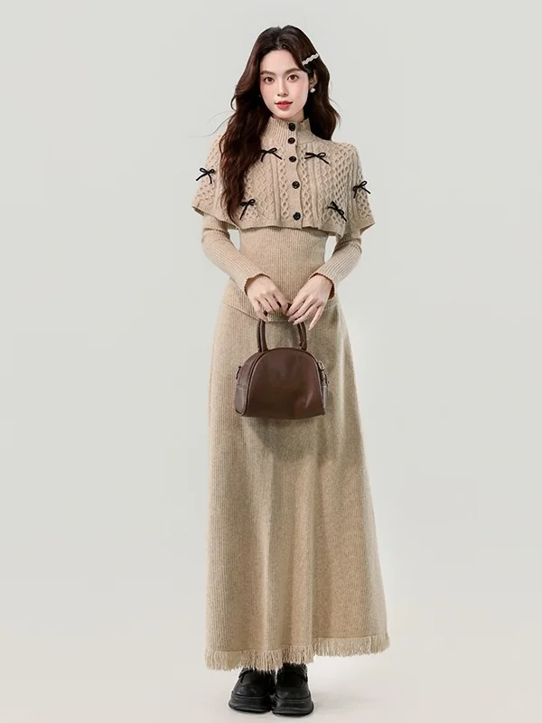 

Retro Gentle Style Three-Piece Set Coat Shoulder Wrap Top Half-Skirt Fashionable Spring Clothing Comfortable Long Sleeve Cotton
