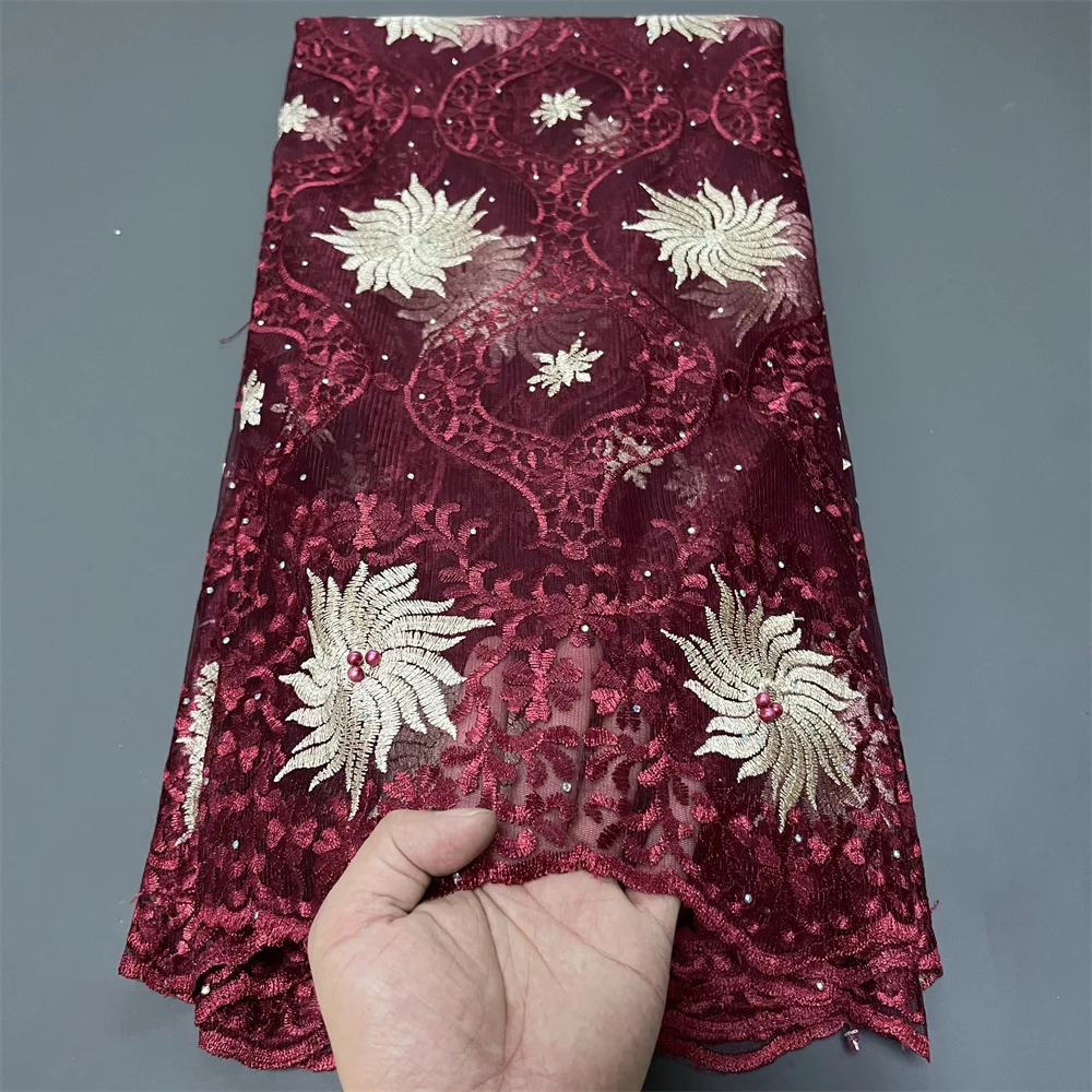 

2025 Premium African Nigerian Embroidered Lace Tulle Fabric Guipure Sequins Luxury Wedding Dress Bridal Gown Net Cloth 5 Yards