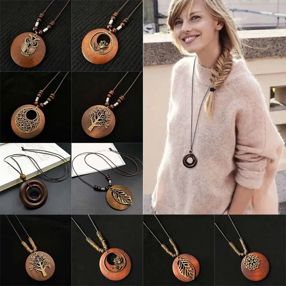 Female Jewelry Round Sweater Chain Wooden Retro Ethnic Sweater Clothing Pendant Women Girls