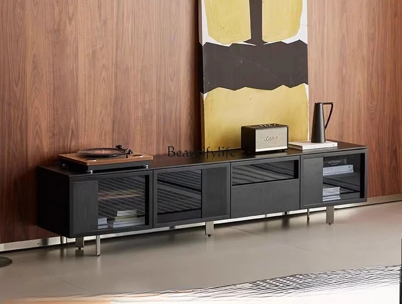 

*Simple solid wood light luxury living room floor cabinet modern black storage locker