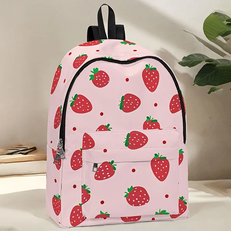 Large Capacity Strawberry Leaf Print Backpack with Fruit Pattern Adjustable Straps Unisex Bookbag Suitable for Travel Work Daily