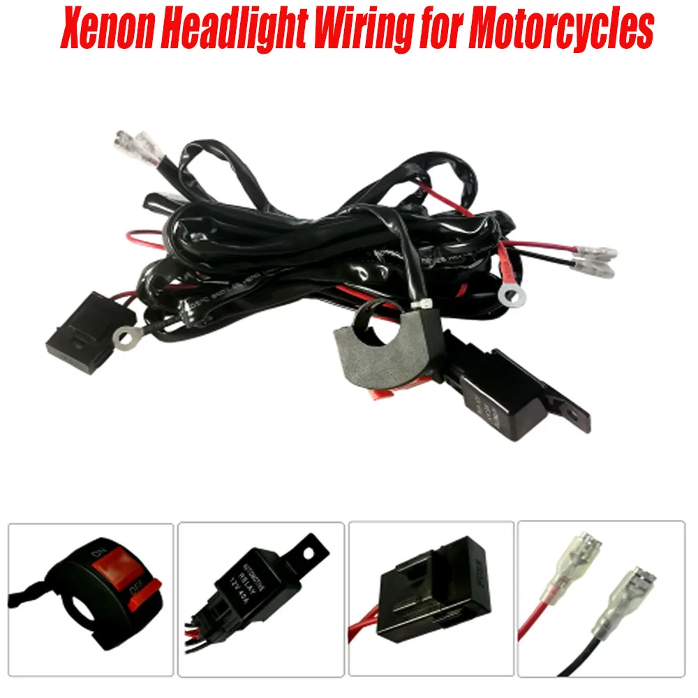 Motorcycle Headlight HID LED Wiring Harness Kit 12V Relay Wire Cable with Handlebar ON OFF Switch Universal Motorbike Headlamp