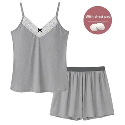 Women Lace Sling Tops + Shorts Modal Ice Silk Pajamas Sets Summer With Chest Pads Homewear Sleeveless Sleepwear Female Pyjamas