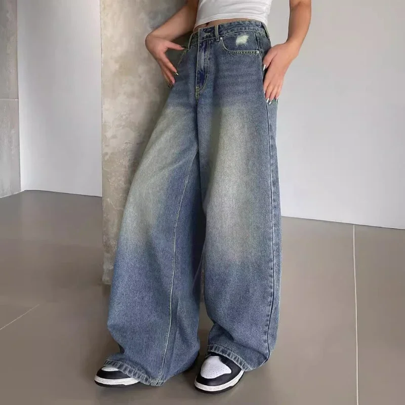 Calças de brim femininas calças jeans perna larga calça longa casual solta cintura alta streetwear elegante maxi calças retas jeans de cintura alta