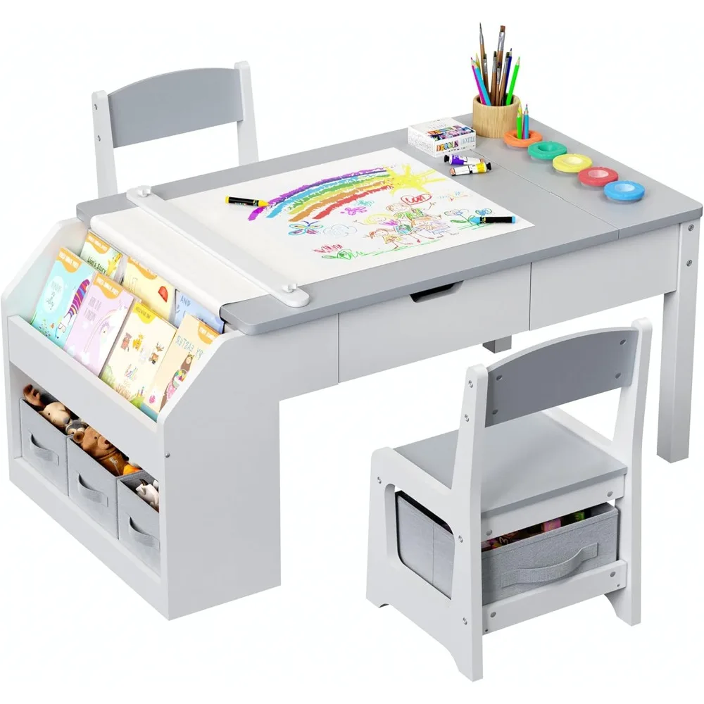 

5-in-1 Kids Art Table and Chairs, Toddler Table and Chair Set, Craft Play Desk for Kids, Convertible Art Easel with Paper Roll H